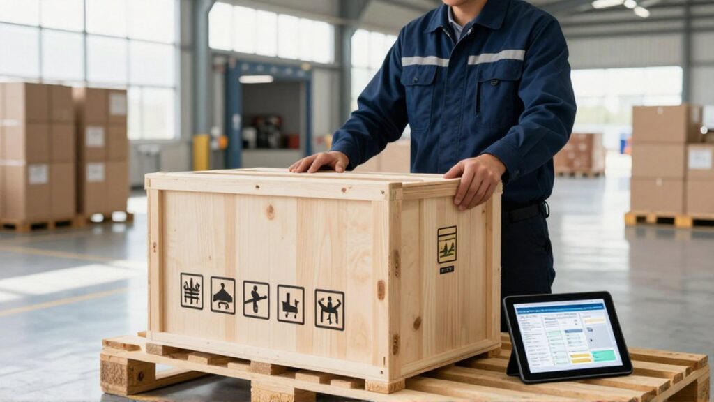 Un gestor de logística inspecciona un gran cajón de madera en un almacén moderno.