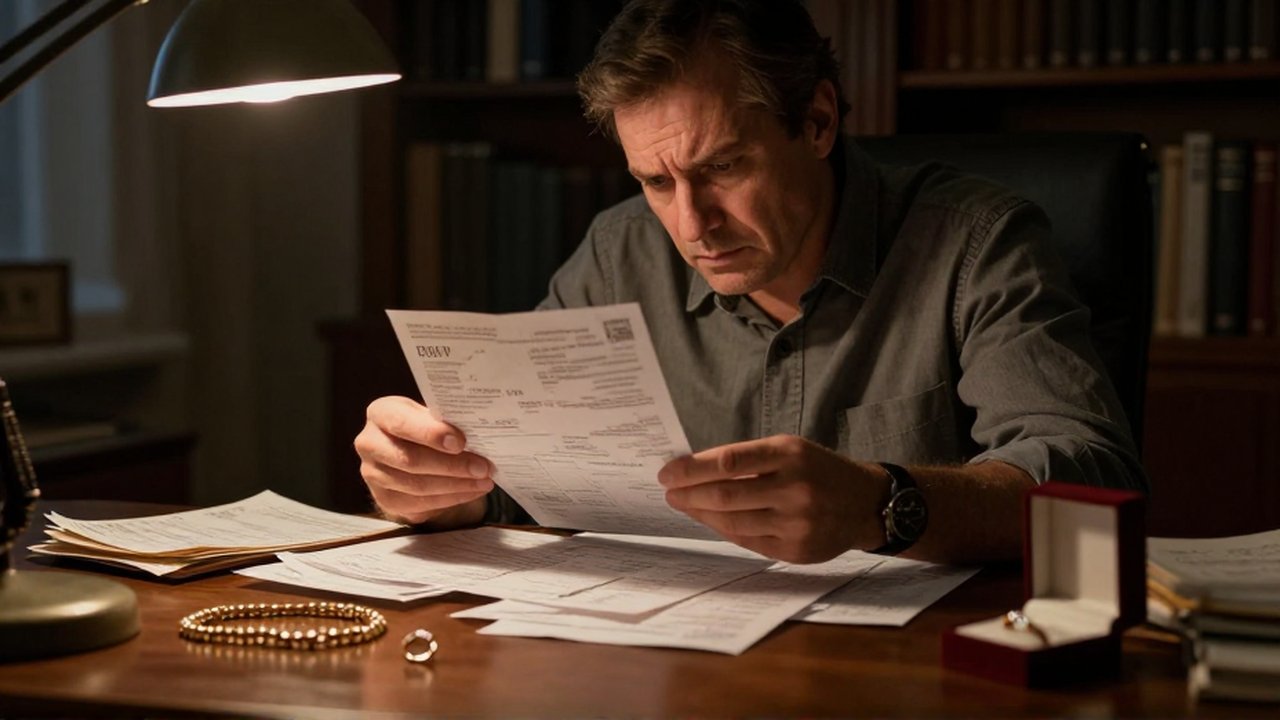 Hombre con expresión preocupada revisa facturas desordenadas junto a joyas sobre un escritorio.