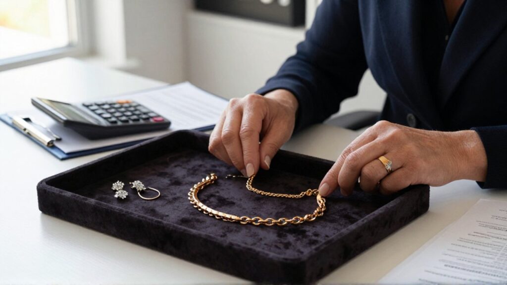 Una persona examina con cuidado un collar de oro y pendientes de diamantes sobre una bandeja de terciopelo en su oficina.