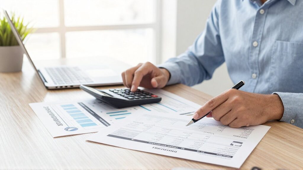 Un emprendedor analiza facturas y un informe de marketing con una calculadora en su oficina.