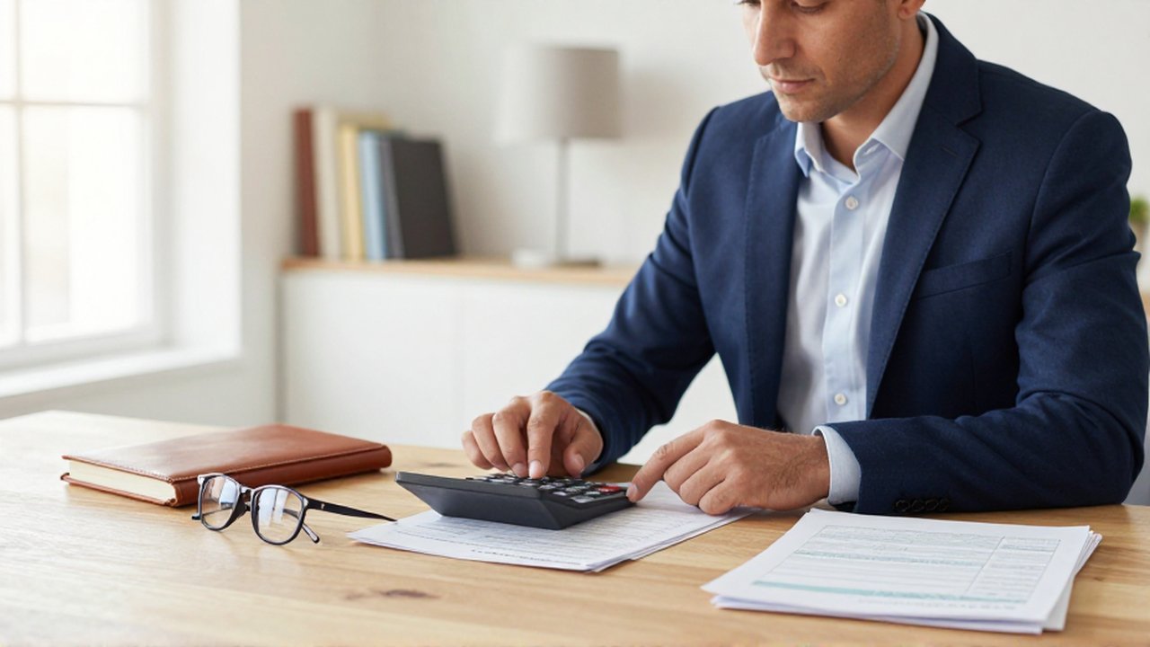 Consultor fiscal concentrado trabajando con una calculadora y formularios sobre un escritorio moderno y luminoso.
