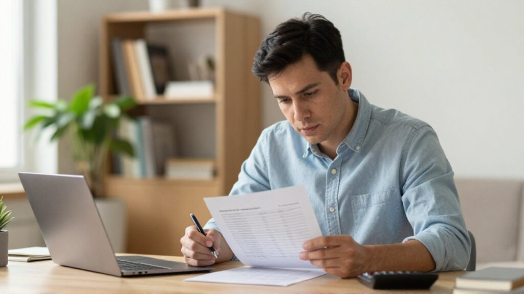 Emprendedor concentrado revisando documentos y corrigiendo errores en un escritorio de oficina moderno.