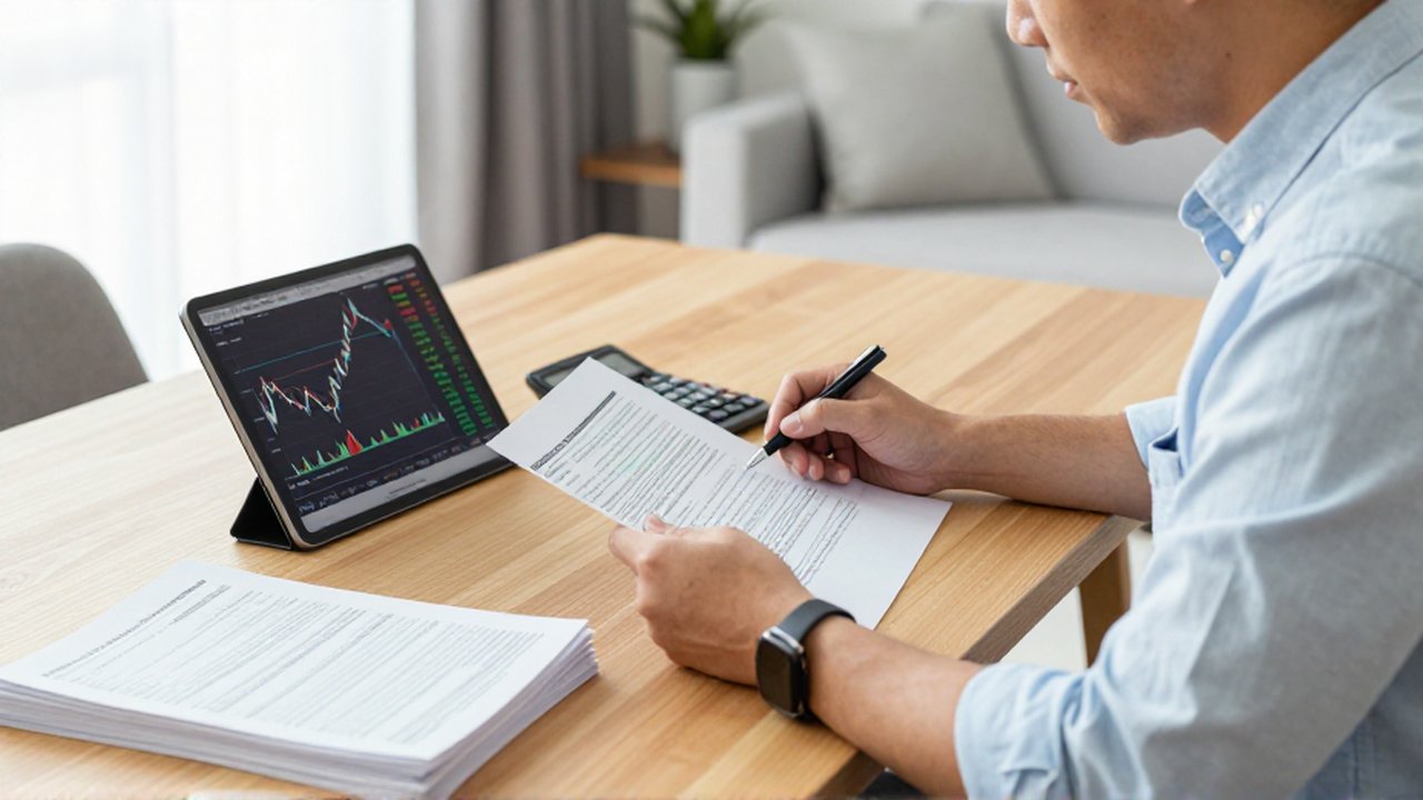 Emprendedor español revisa documentos financieros y gráficos de bolsa en su oficina moderna.
