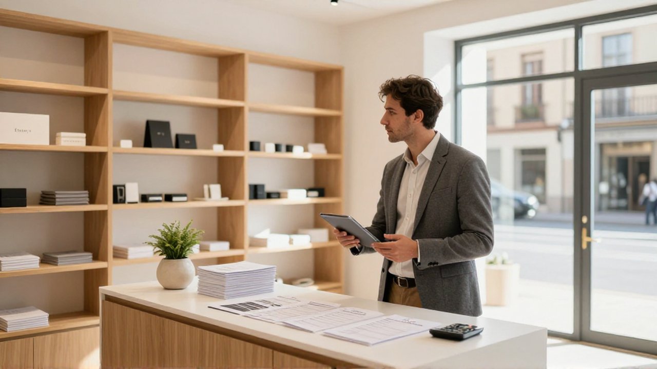 Un hombre con chaqueta sostiene una tableta digital mientras muestra el interior de su boutique moderna.