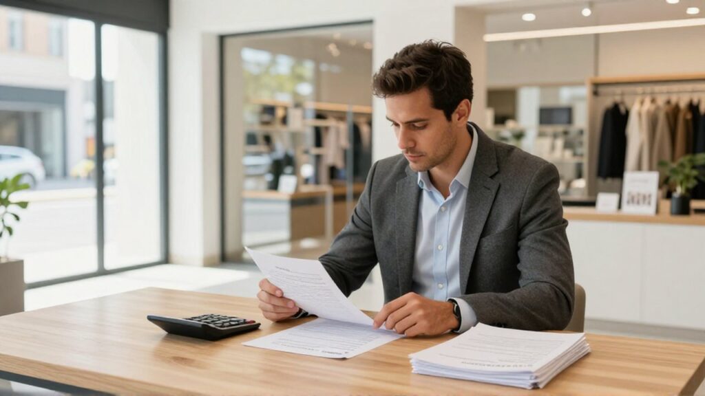 Un emprendedor revisa documentos financieros y facturas en un escritorio dentro de un local comercial moderno.