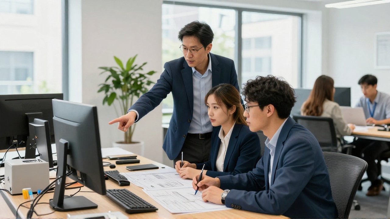 Un gerente señala a dos empleados que realizan un taller técnico con herramientas y planos en una oficina moderna.