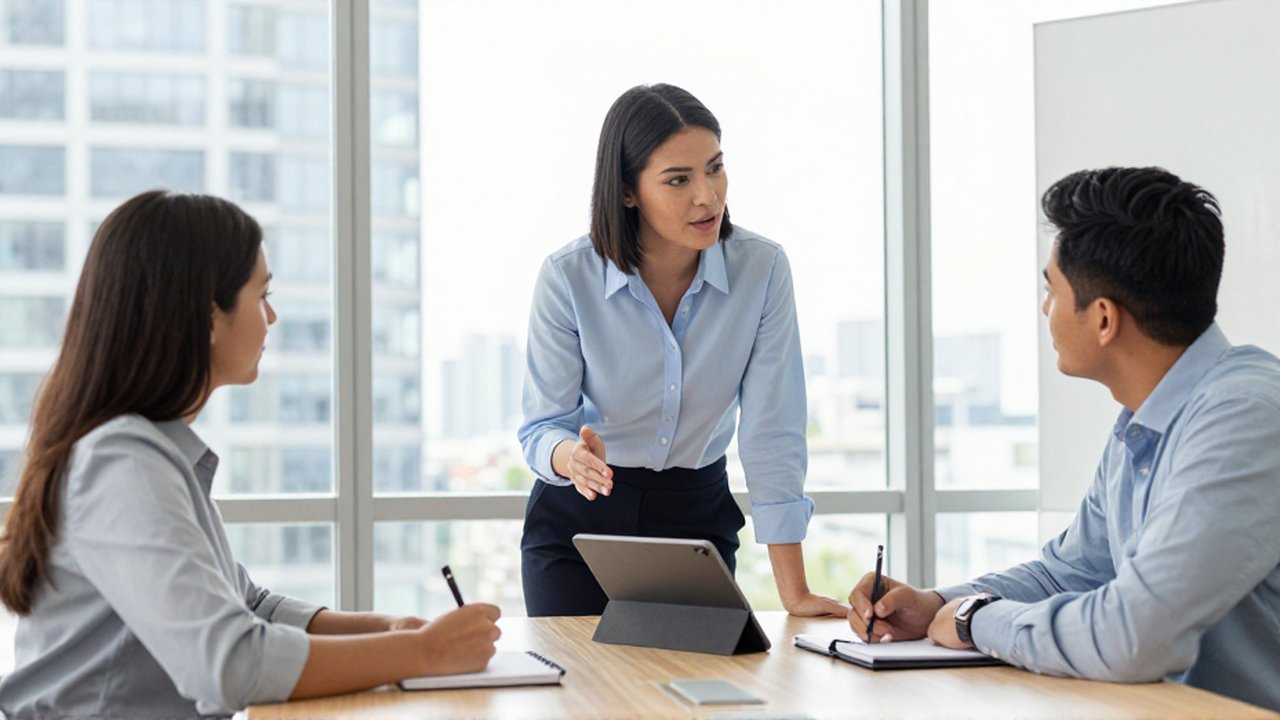 Una gerente dirige un taller de capacitación digital para dos empleados en una oficina moderna.