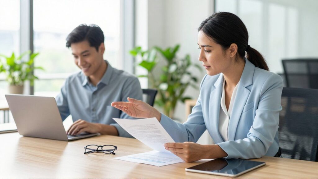 Una gerente revisa documentos y orienta a una joven empleada en una oficina moderna y luminosa.