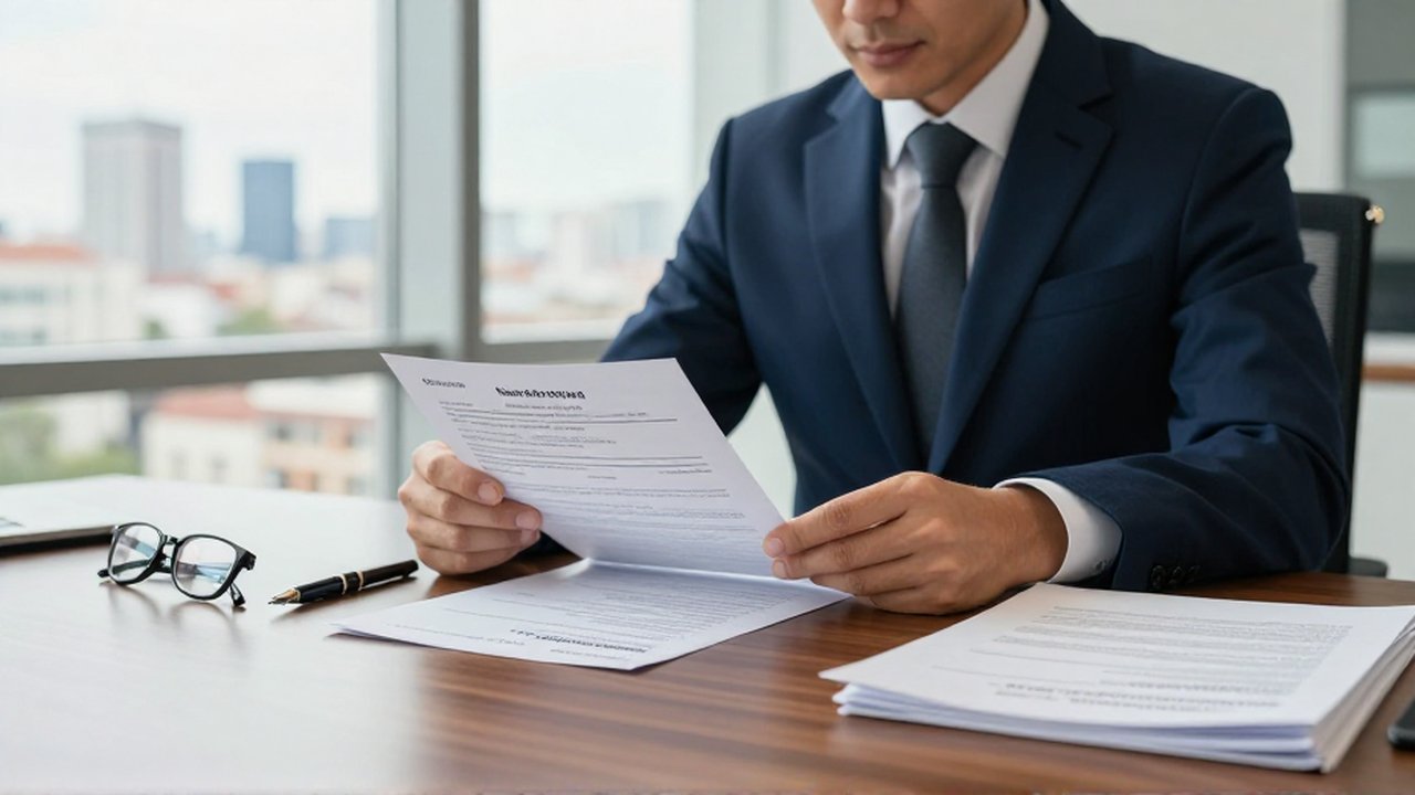 Un asesor financiero revisa con atención documentos y certificados corporativos en una oficina moderna.