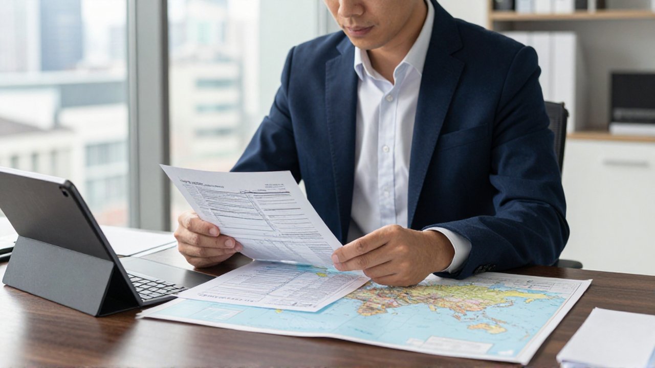 Contador analizando documentos fiscales y un mapa mundial sobre su escritorio en una oficina moderna.