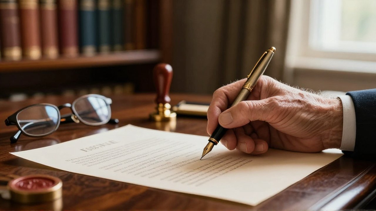 Mano de una persona mayor sosteniendo una pluma fuente para firmar un documento legal.