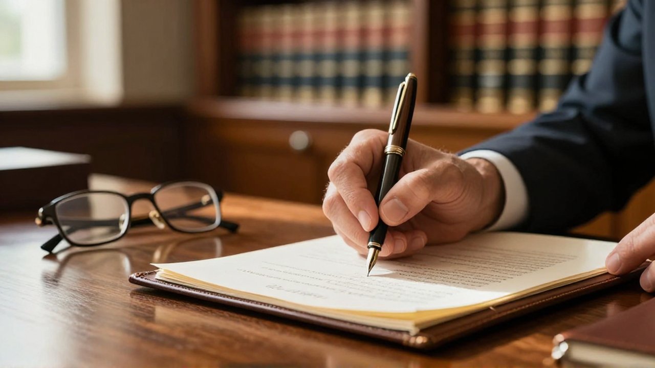 Mano de profesional escribiendo notas con una pluma fuente sobre un documento de cuero.