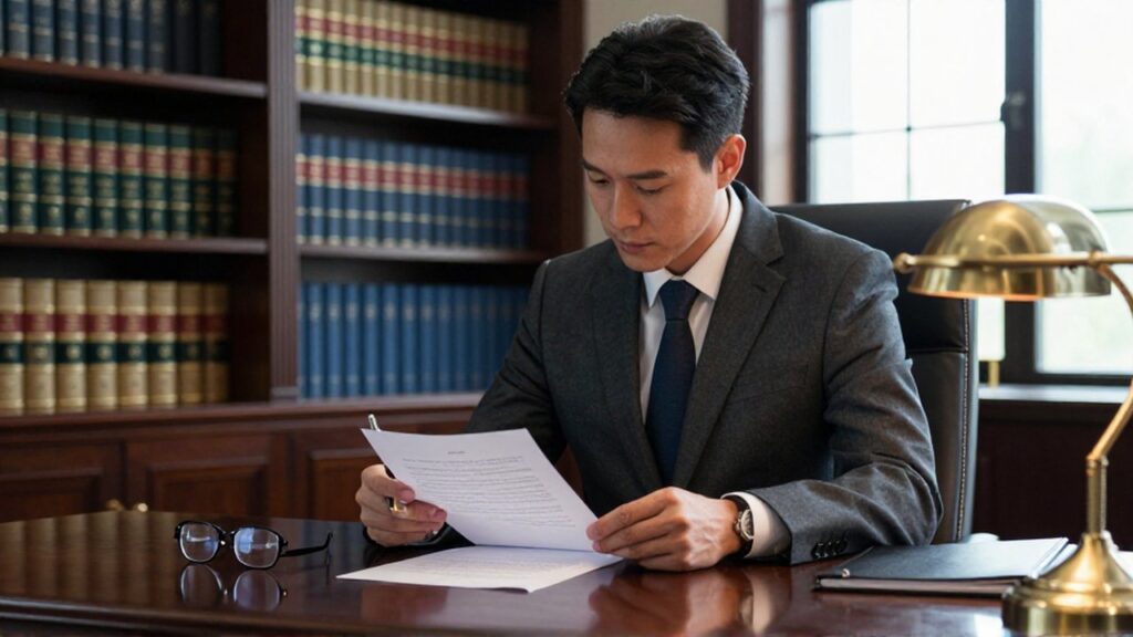 Consultor legal revisando un documento con una pluma en un despacho de madera iluminado.