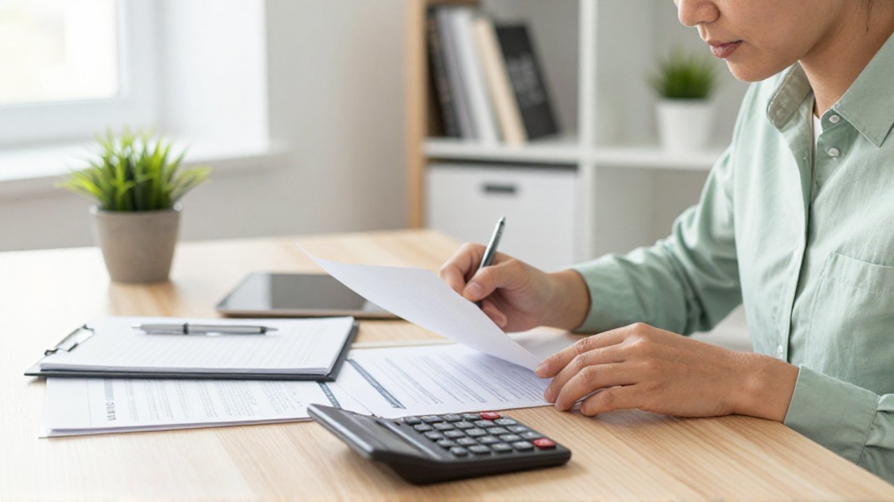 Emprendedor concentrado revisando documentos financieros y usando una calculadora en su oficina en casa.