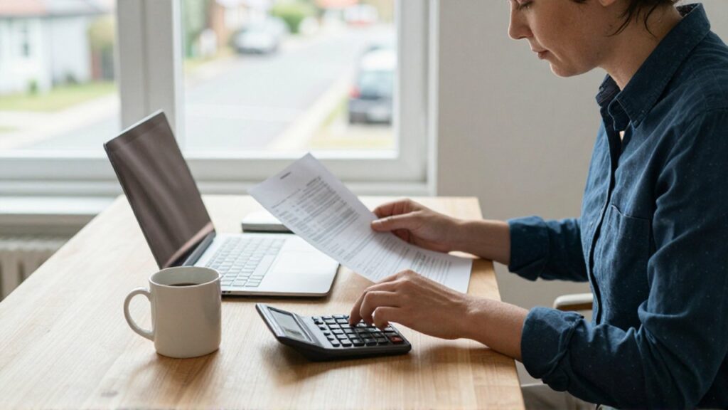 Dueño de un pequeño negocio revisando documentos financieros y usando una calculadora en su oficina iluminada.