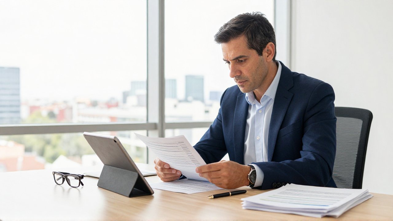 Contador español concentrado revisando documentos financieros y una tableta en una oficina moderna de Madrid.