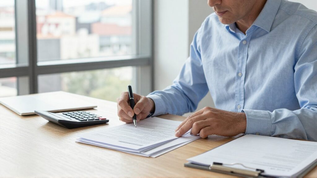 Un contador revisa meticulosamente documentos financieros y formularios fiscales en una oficina moderna y luminosa.