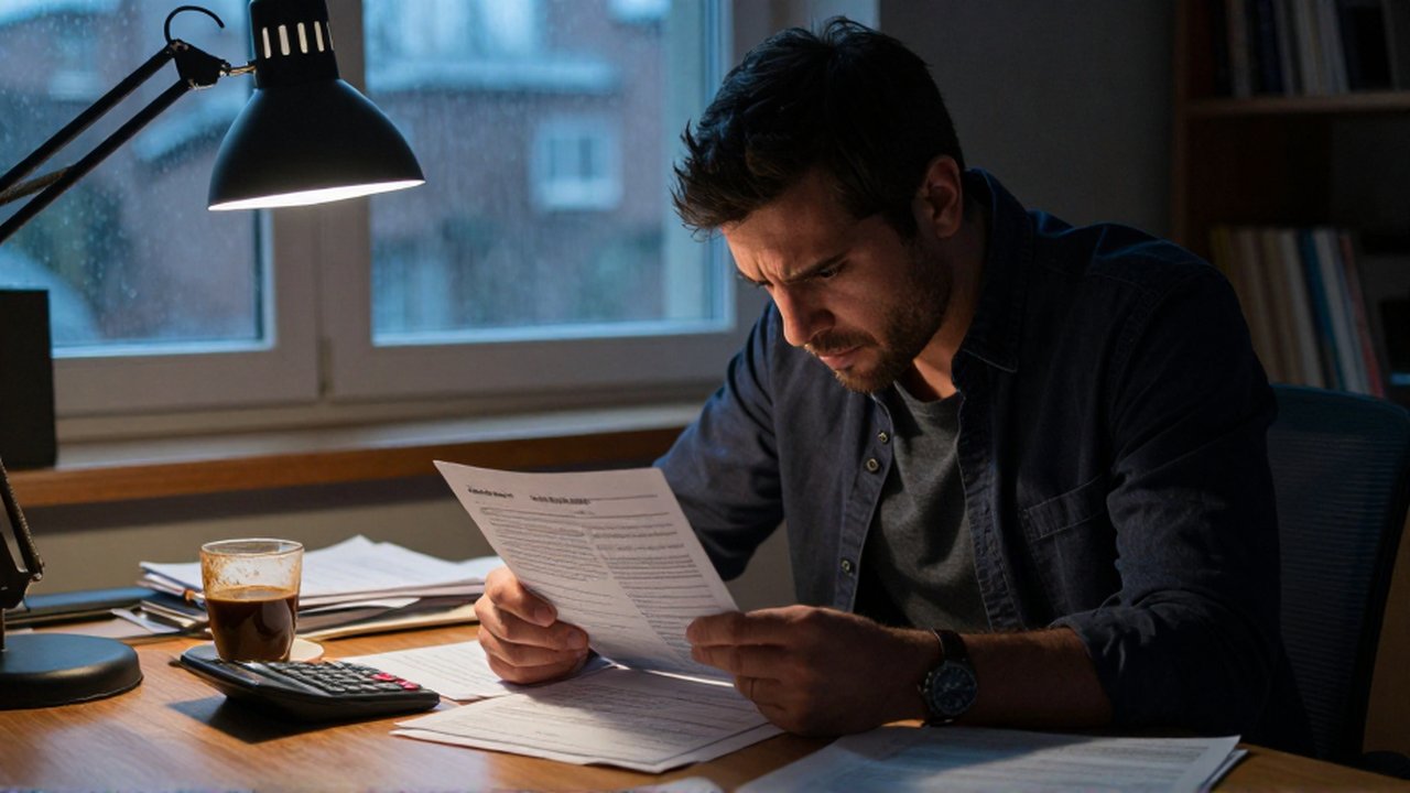 Un emprendedor estresado revisa documentos fiscales y facturas pendientes en un escritorio desordenado.