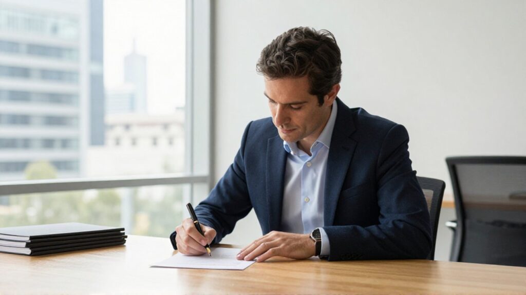 Un empresario firma un documento formal sobre un escritorio de madera en una oficina moderna.