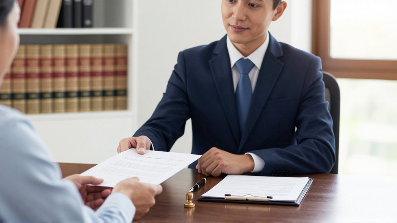 Un notario entrega un documento legal a un cliente en una oficina luminosa y moderna.