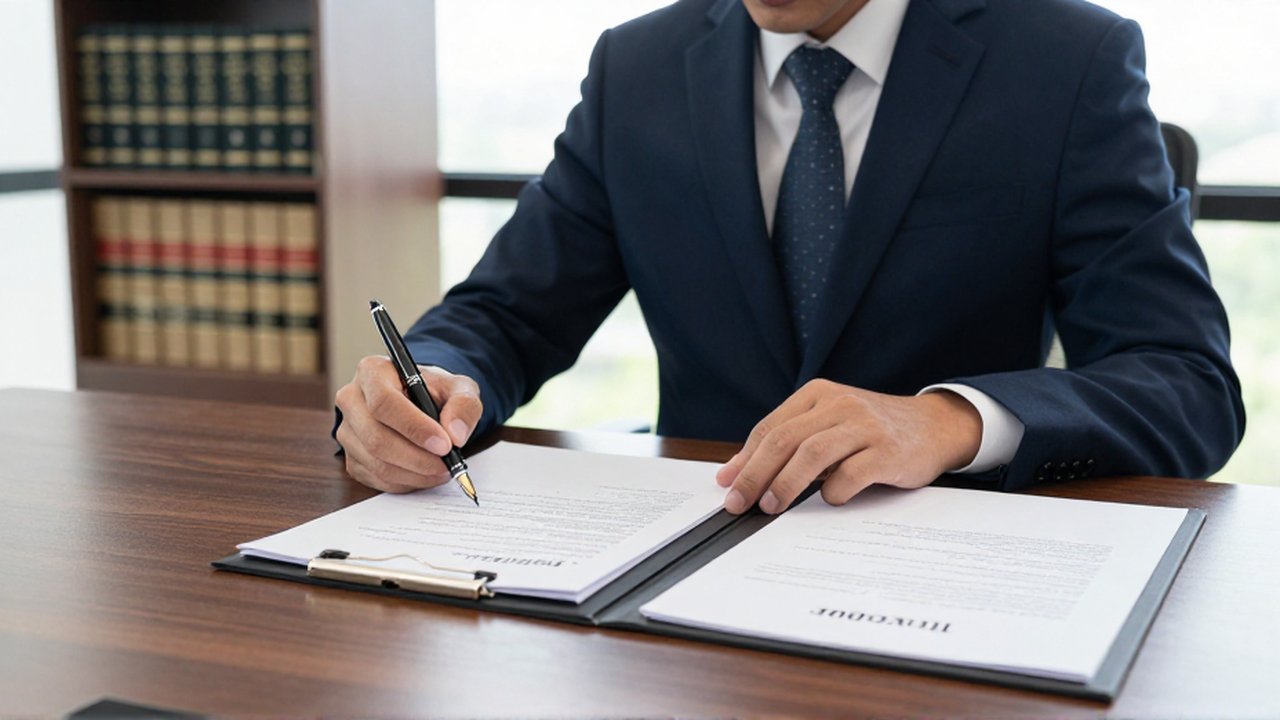 Un experto legal revisa y marca cláusulas en un documento sobre un escritorio de madera.