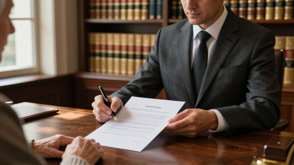 Un notario señala una cláusula en un documento legal frente a un cliente en un despacho.