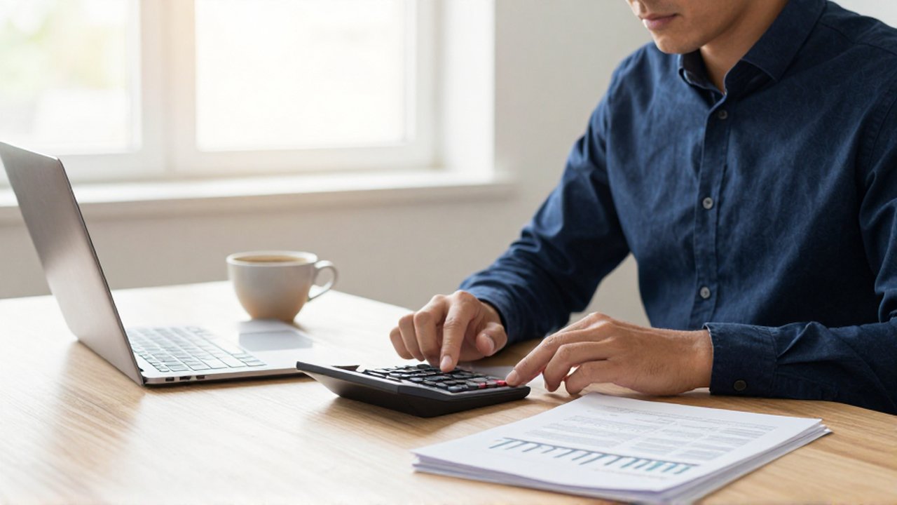 Emprendedor concentrado calculando sus ingresos financieros con documentos y una calculadora en un escritorio luminoso.