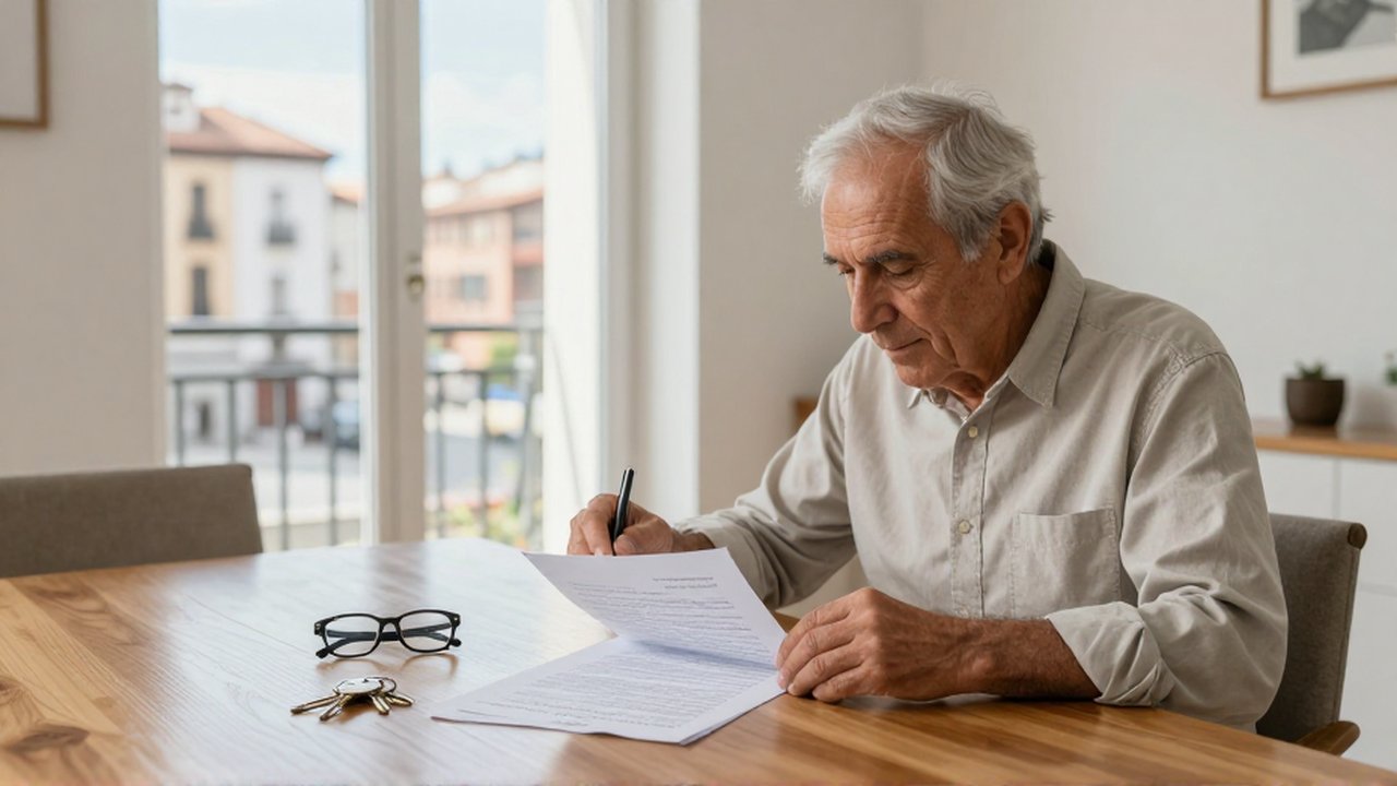 Un hombre mayor revisa documentos legales y una escritura sobre una mesa de madera en un apartamento iluminado.