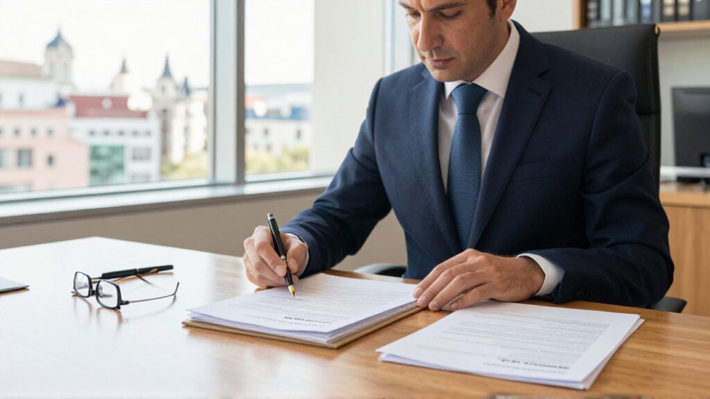 Un notario en un despacho moderno de Madrid revisa cuidadosamente documentos legales sobre un escritorio de madera.