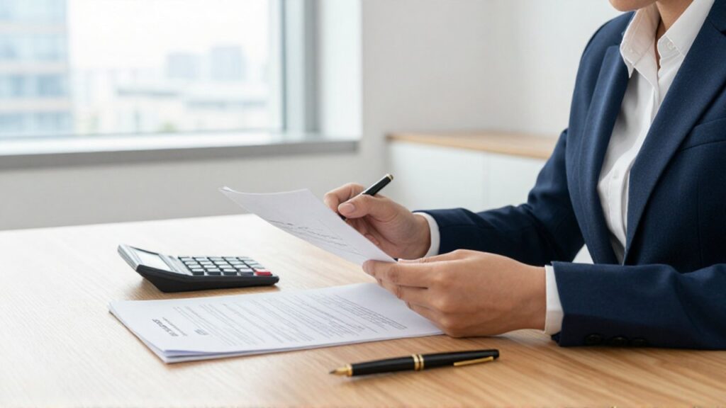 Consultor fiscal revisa documentos legales y una calculadora sobre un escritorio de madera en una oficina moderna.