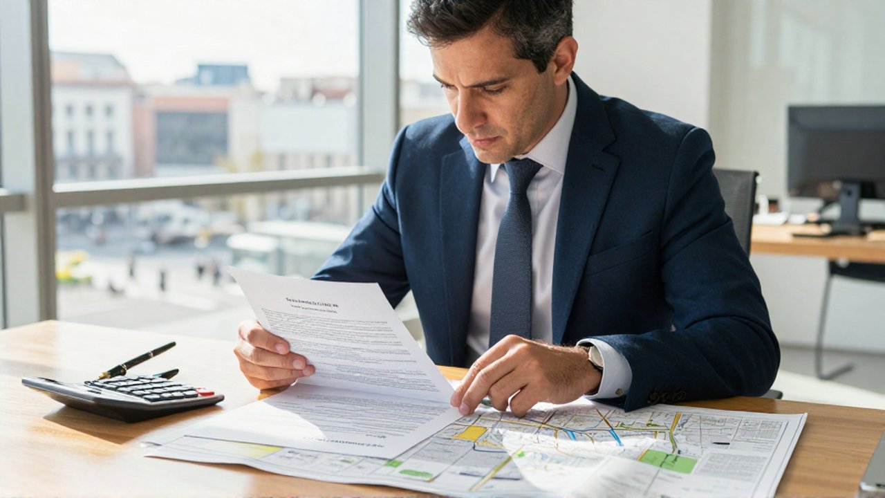 Consultor fiscal revisa contratos y mapas de propiedades sobre un escritorio de madera en una oficina moderna.