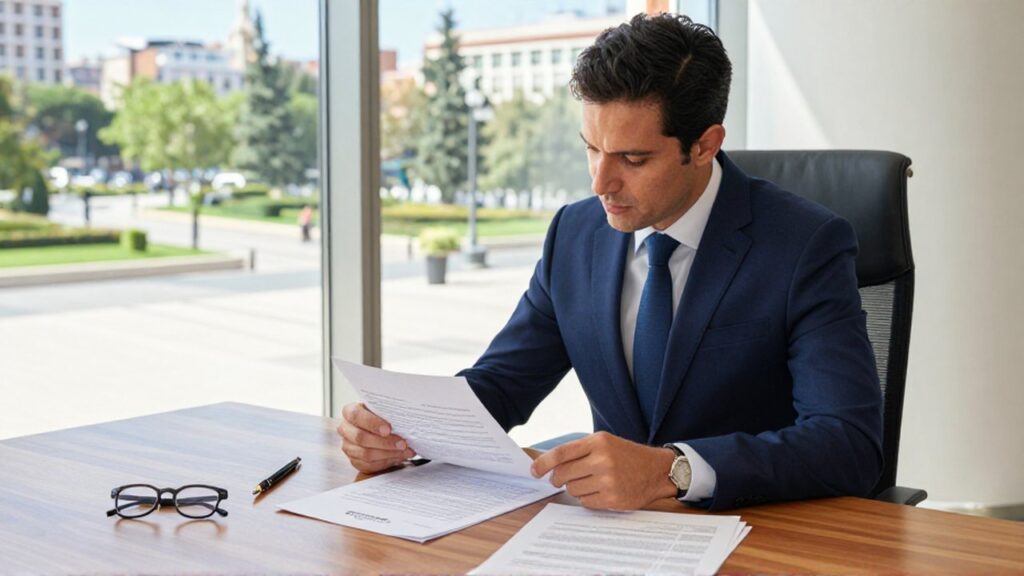 Consultor legal revisa minuciosamente documentos y contratos sobre un escritorio frente a un jardín urbano.