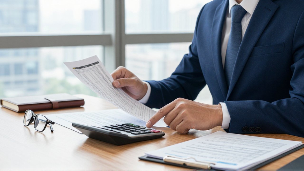 Un asesor financiero analiza documentos de transacciones bursátiles y usa una calculadora en un escritorio.