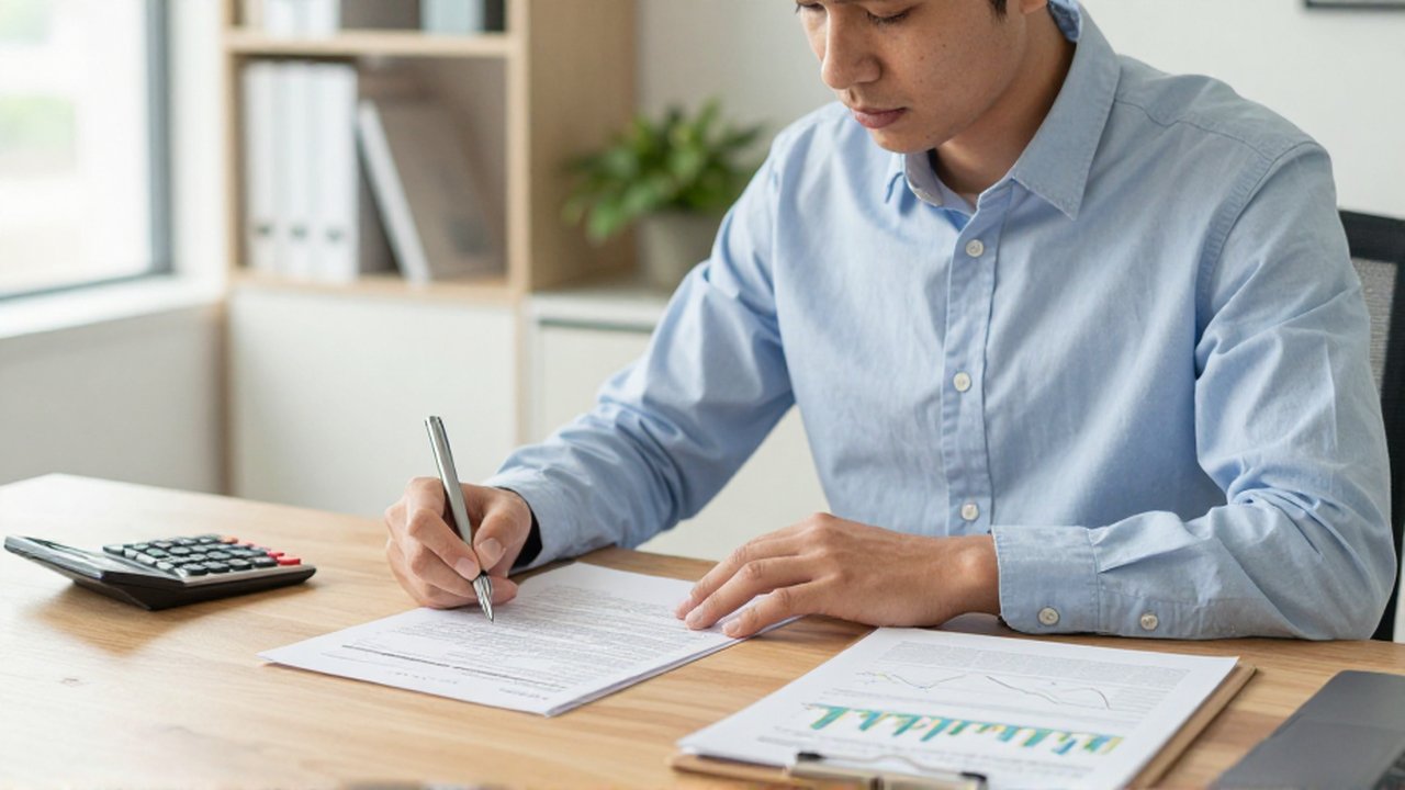 Contador analizando estados financieros y gráficos sobre un escritorio en una oficina moderna y luminosa.