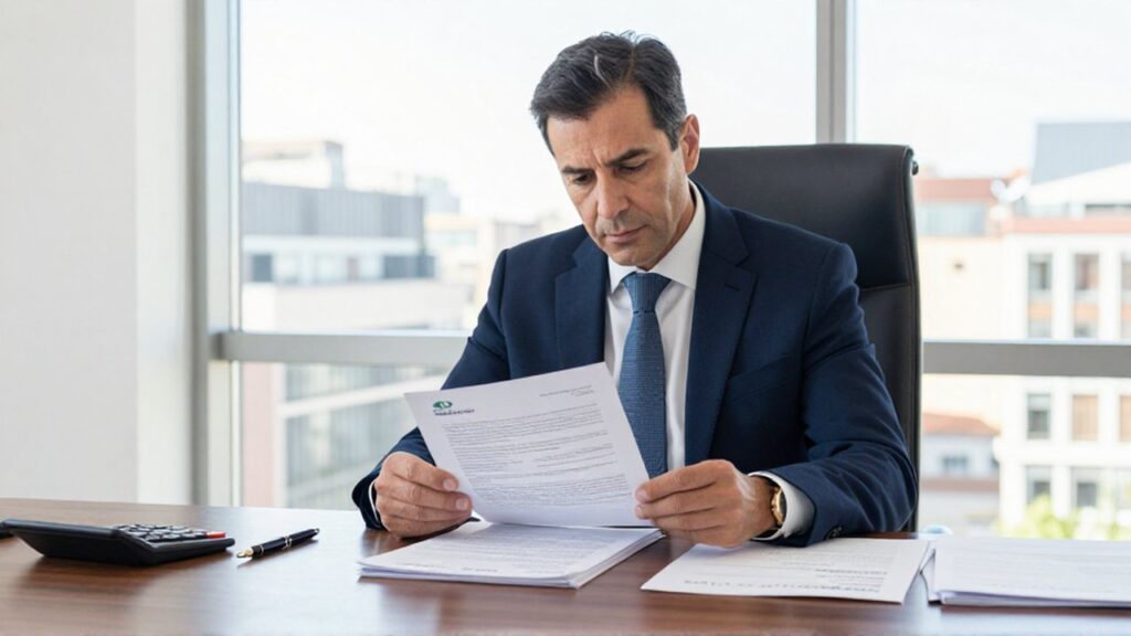 Asesor fiscal español revisando documentos legales y certificados corporativos en una oficina moderna en Madrid.