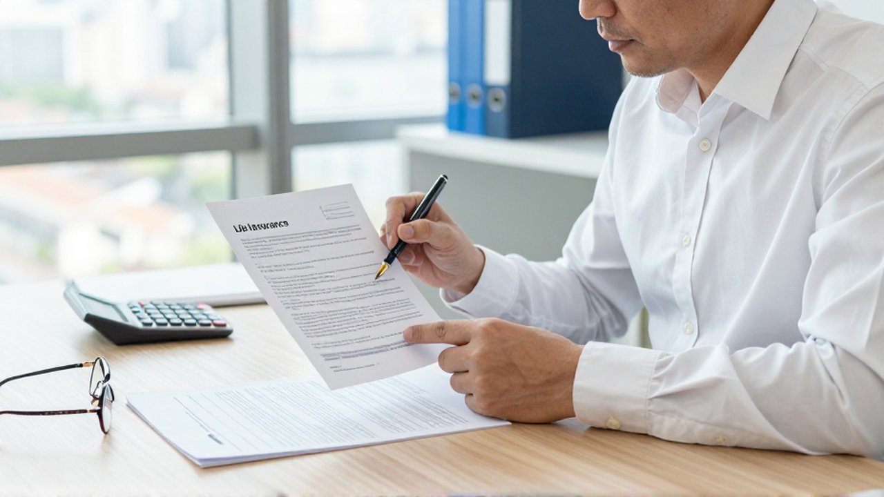 Un asesor financiero revisa documentos de seguros y formularios fiscales en una oficina moderna y luminosa.