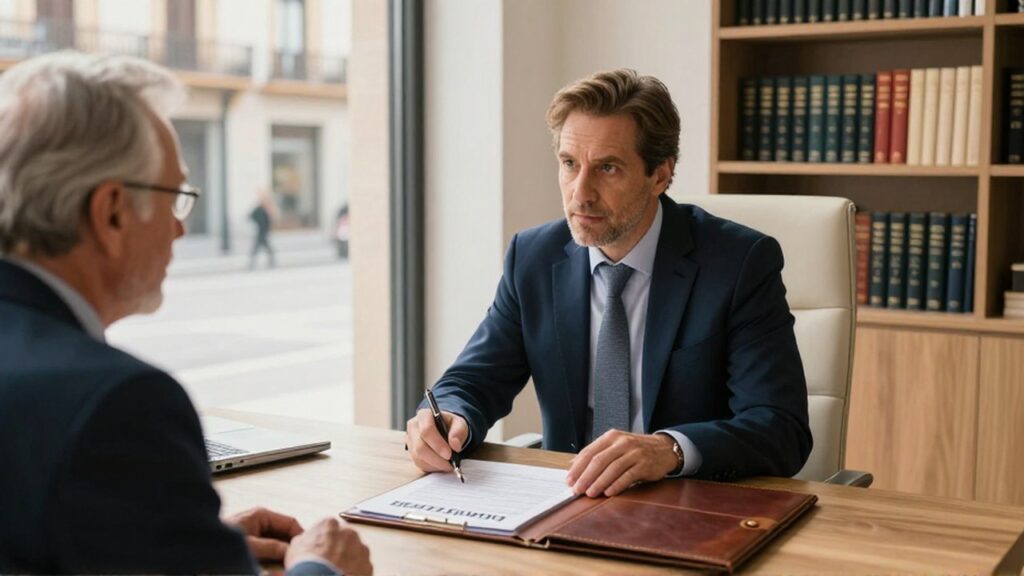 Asesor financiero explica un documento de seguros a un cliente mayor en una oficina luminosa.