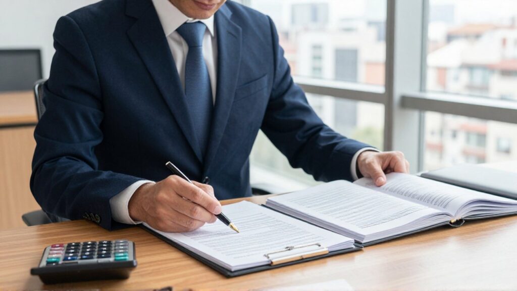 Consultor español revisa documentos fiscales sobre un escritorio de madera en una oficina moderna.