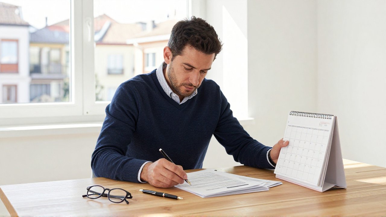 Hombre profesional en su oficina revisa documentos legales y marca una fecha en el calendario.