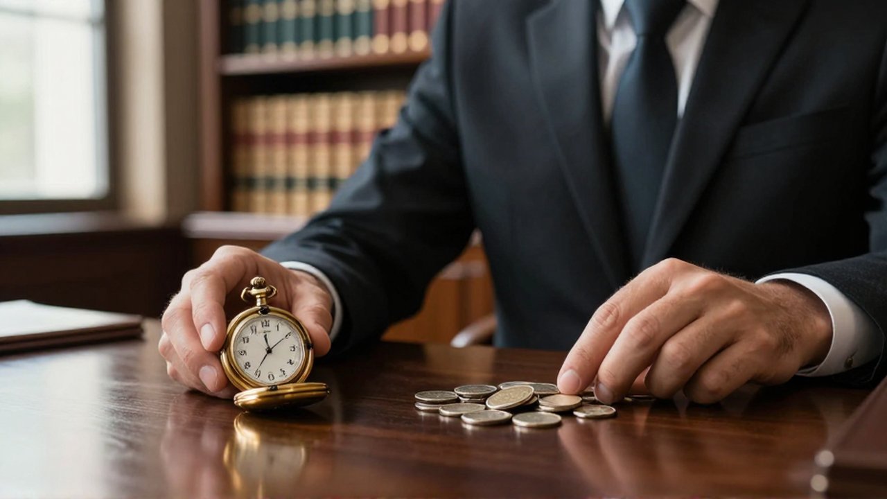 Un experto legal examina un reloj de oro antiguo y un montón de monedas plateadas sobre un escritorio.