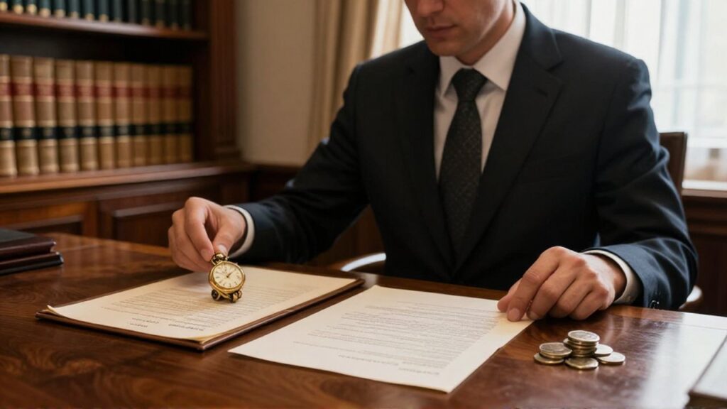 Un notario en un despacho clásico revisa documentos junto a un reloj antiguo y monedas de plata.