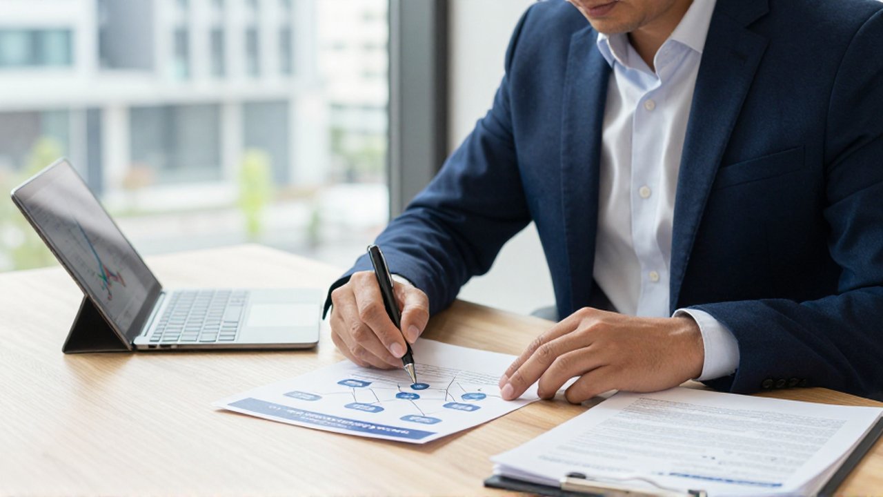 Consultor fiscal analiza organigramas y documentos de propiedad corporativa en una oficina moderna.