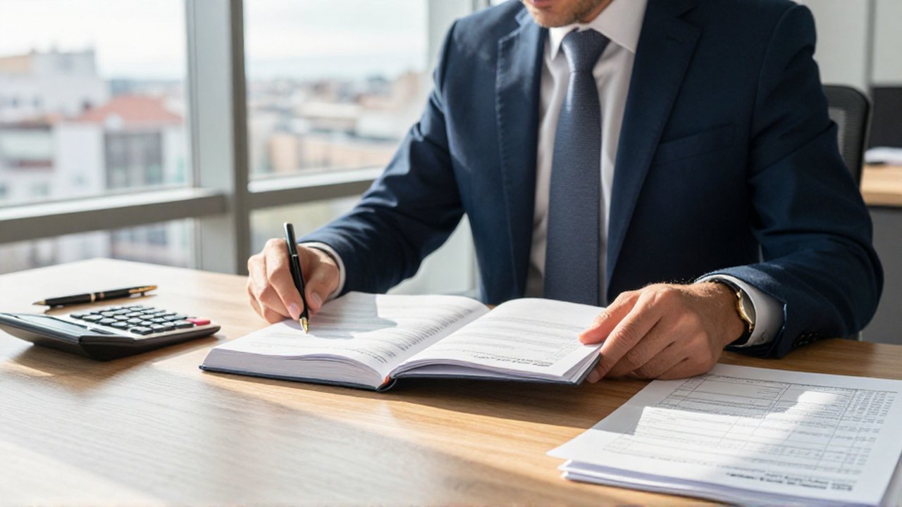 Un contable en una oficina moderna de Madrid revisa atentamente documentos financieros y libros contables.