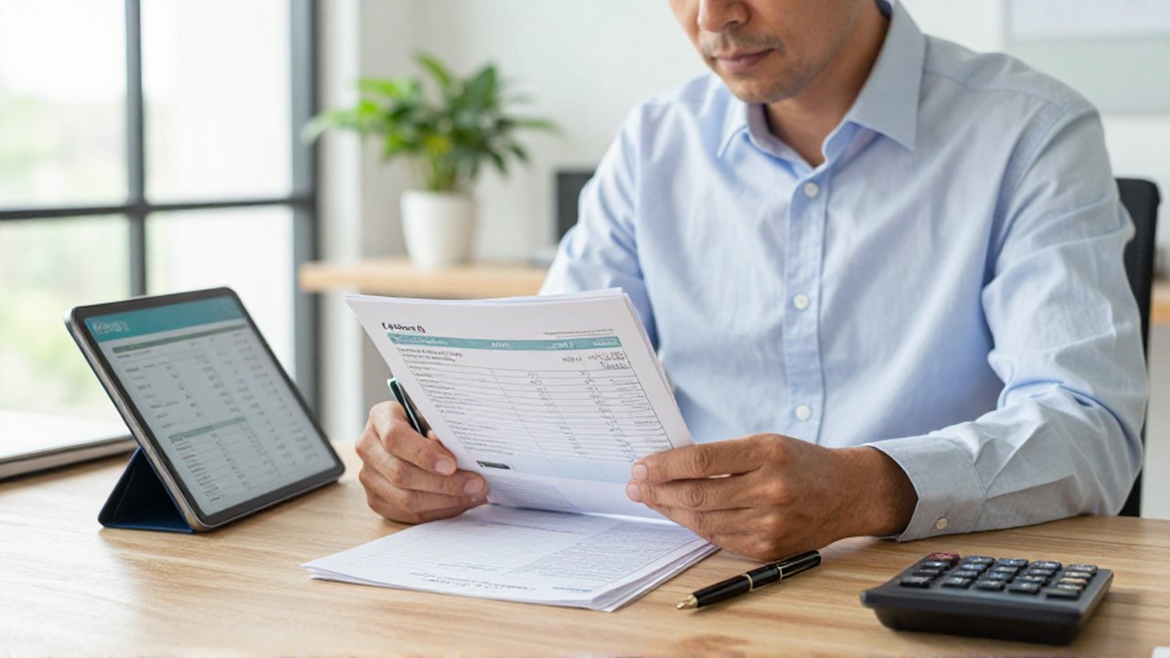 Contador en una oficina moderna compara facturas físicas con gráficos digitales en una tableta.