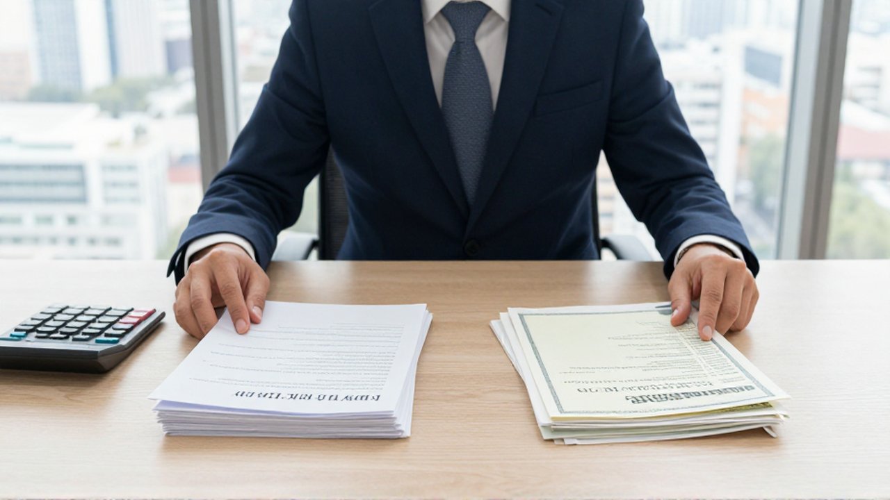 Consultor financiero comparando nóminas y contratos laborales frente a certificados de acciones y escrituras de propiedad.