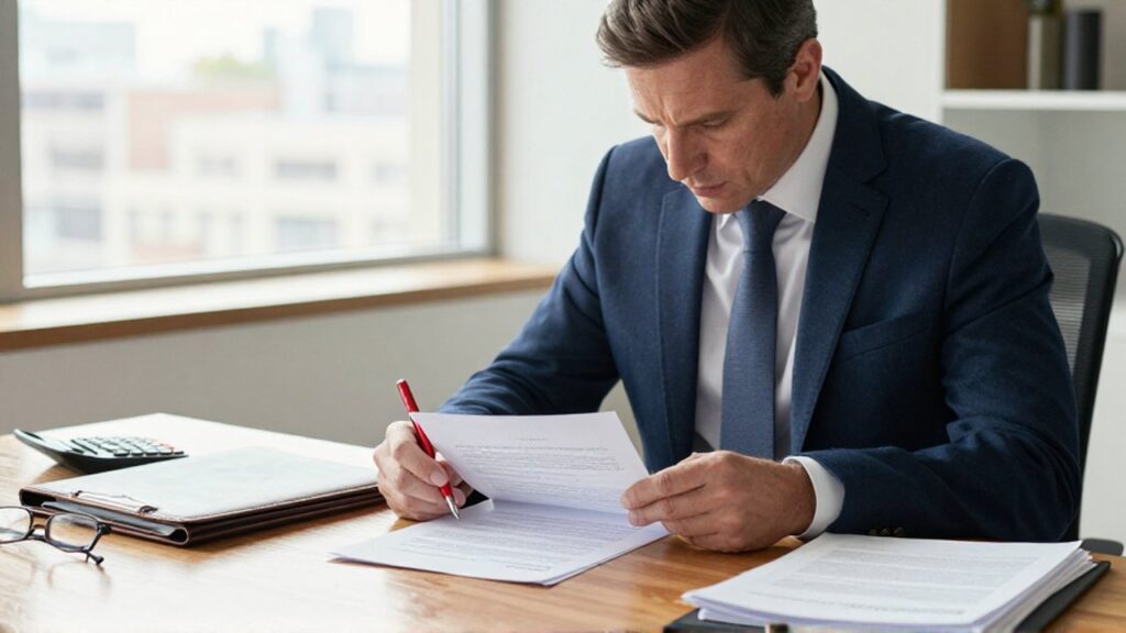 Un hombre profesional revisa con atención un documento legal sobre su escritorio en una oficina luminosa.