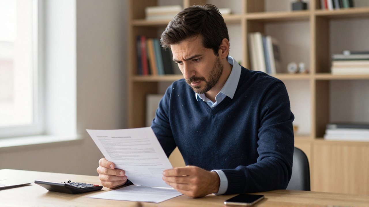 Un emprendedor preocupado revisa documentos fiscales y una calculadora en su oficina iluminada.