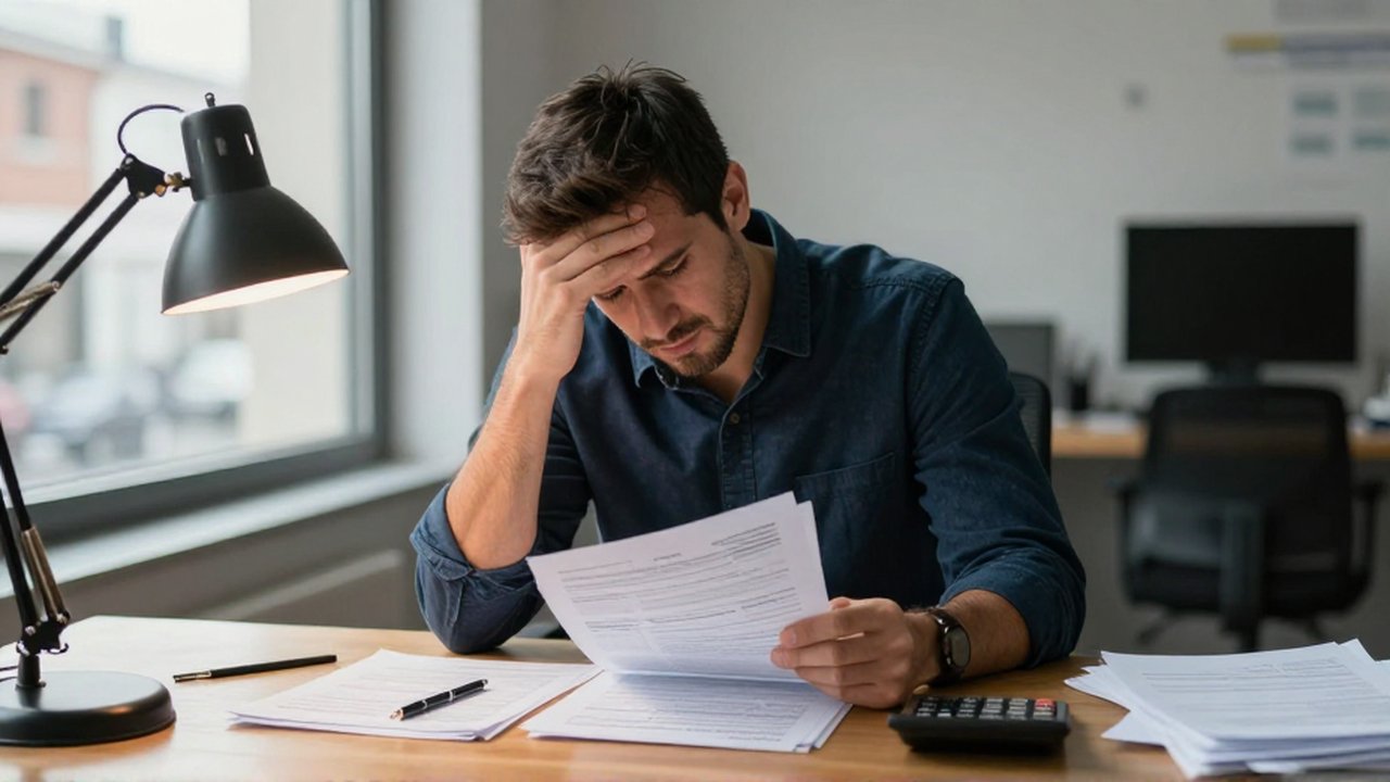 Un empresario con expresión de frustración revisa documentos fiscales sobre un escritorio desordenado.