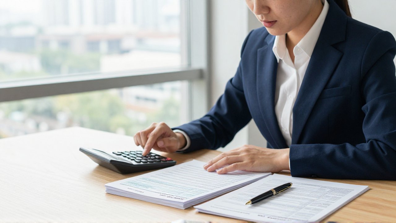 Contador concentrado revisando documentos financieros y utilizando una calculadora en una oficina iluminada.