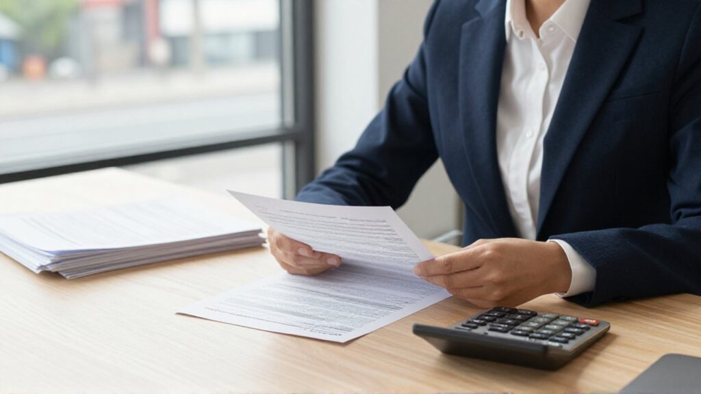 Profesional organizando documentos fiscales y usando una calculadora sobre un escritorio de madera.